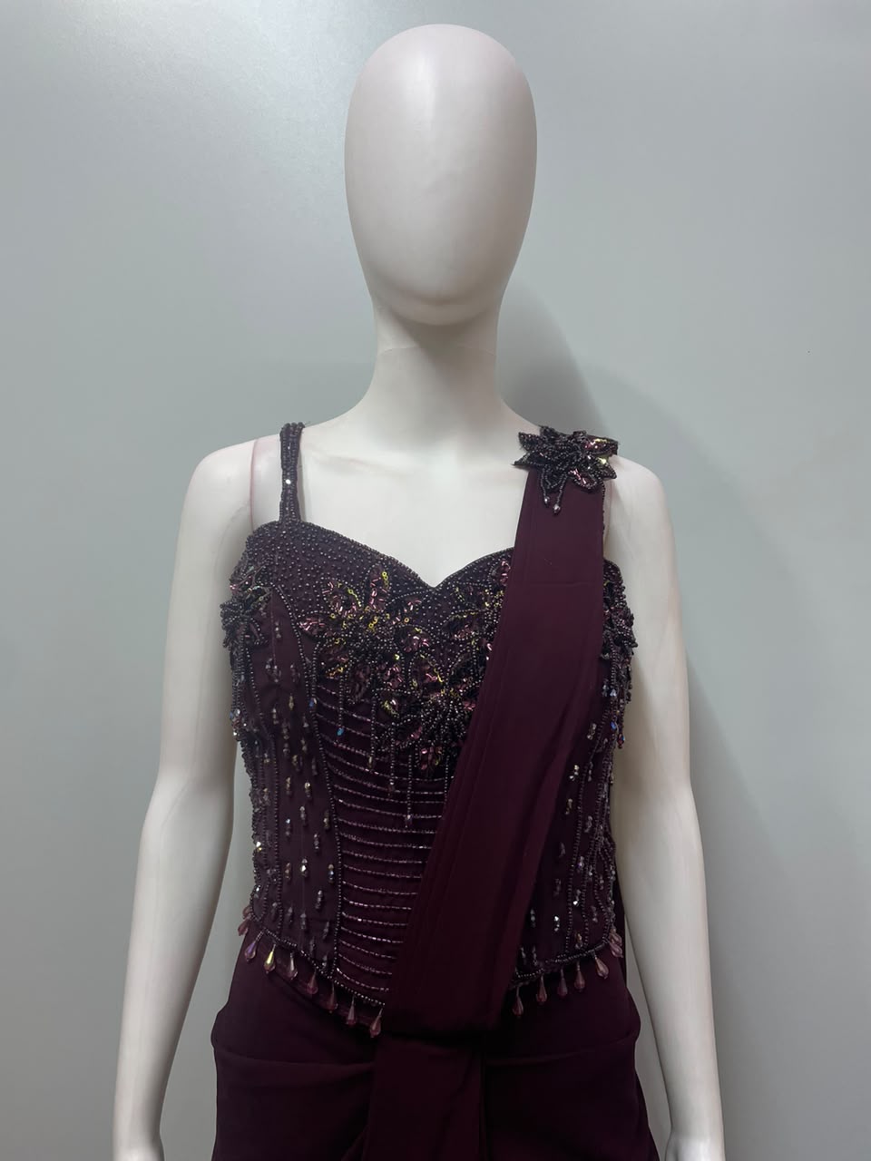 Maroon Corset Draped Saree Set