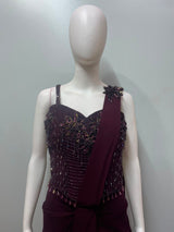 Maroon Corset Draped Saree Set