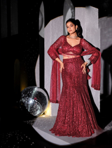 Deep wine mermaid lehenga with crystal fringe and tonal sequin work