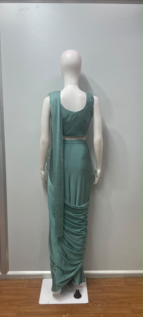 Sage Silver Peacock Embroidered Draped Saree Set