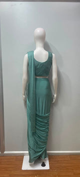 Sage Silver Peacock Embroidered Draped Saree Set