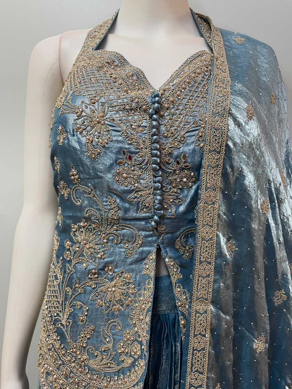 Steel Blue Antique Gold Floral Palazzo Set