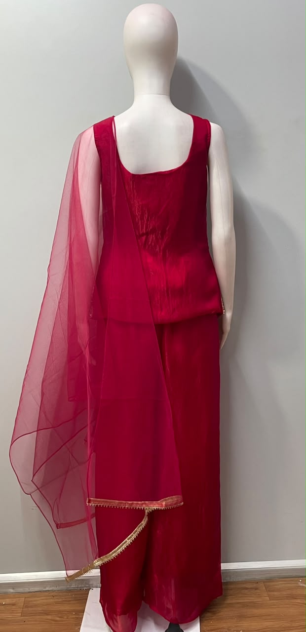 Fuchsia Pink Multicolor Jewel Longline Palazzo Set