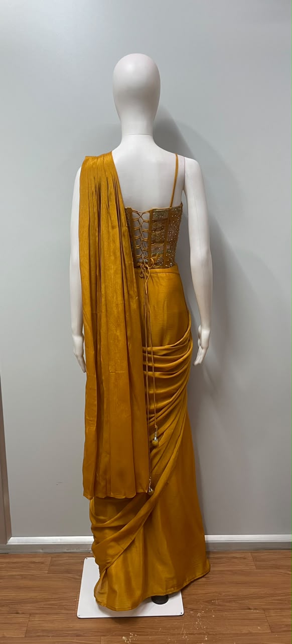 Mustard Gold Draped Saree Set