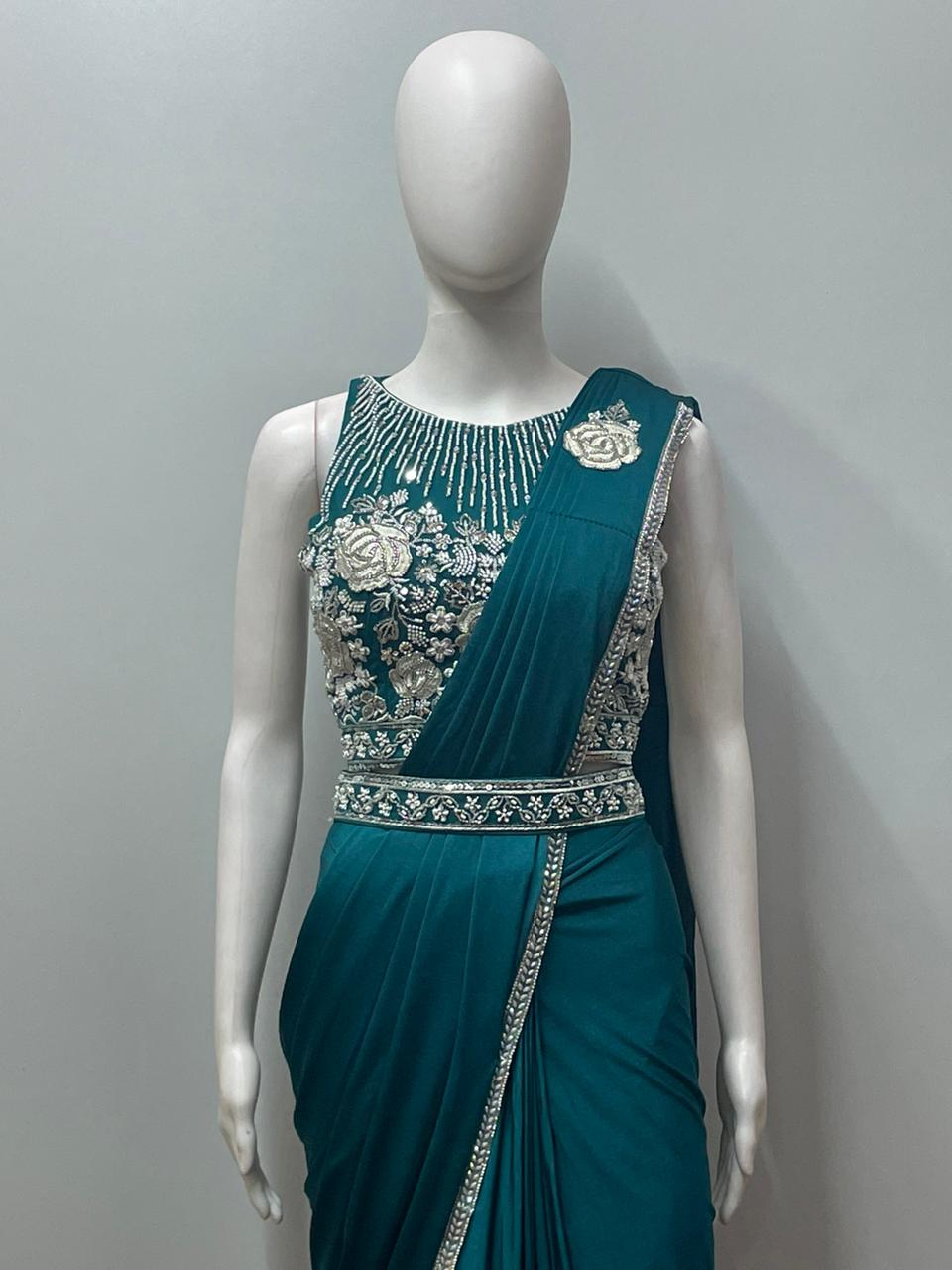 Teal Pearl Draped Saree Set