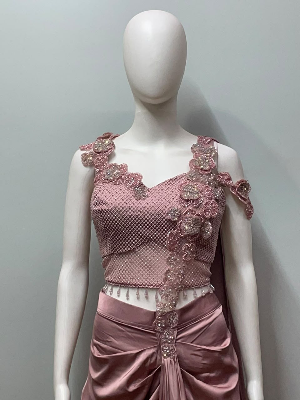 Dusty Rose Floral Draped Saree Set