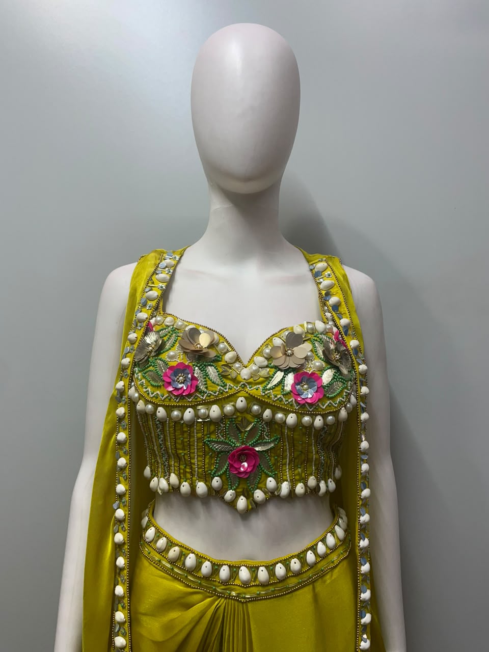Citrine Pearl Floral Pre-Draped Saree Set - close-up detail