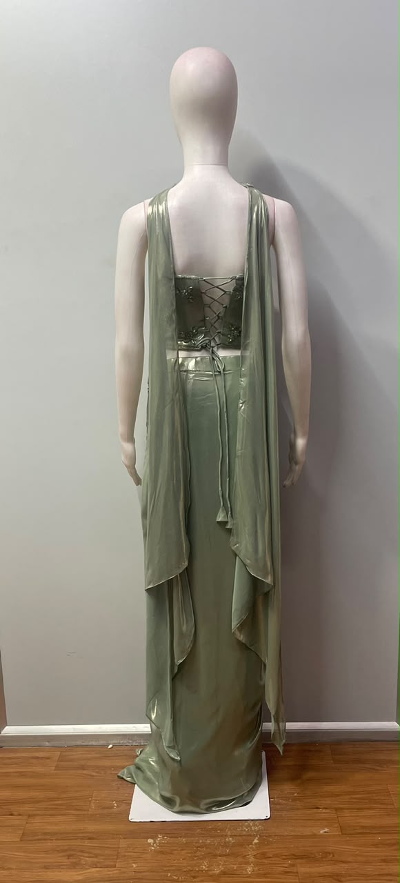 Olive Green Jewel Corset Draped Skirt Set
