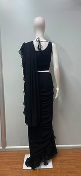 Midnight Black Sequin Ruffle Draped Saree Set