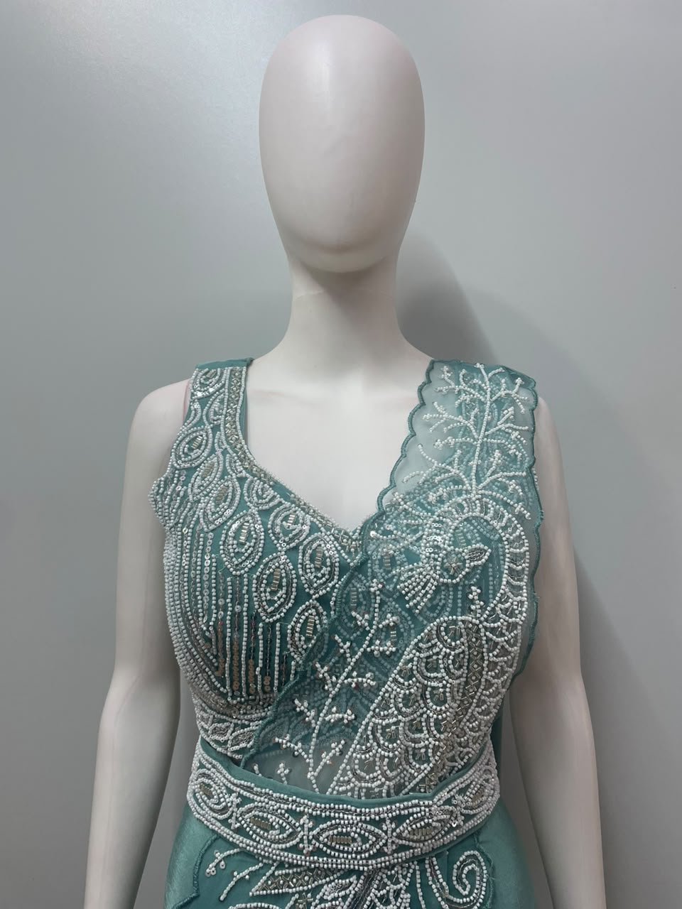 Sage Silver Peacock Embroidered Draped Saree Set