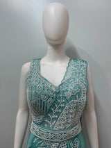 Sage Silver Peacock Embroidered Draped Saree Set