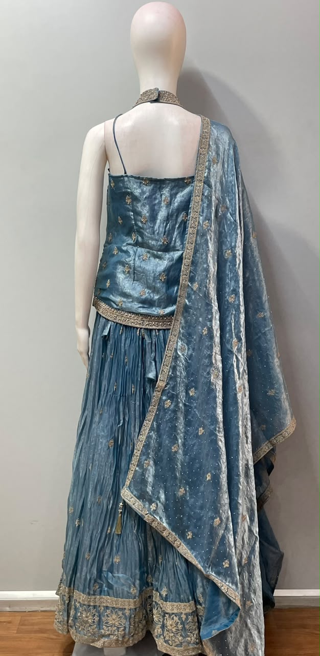 Steel Blue Antique Gold Floral Palazzo Set
