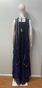 Flowing wide-leg pants of the midnight navy lattice set