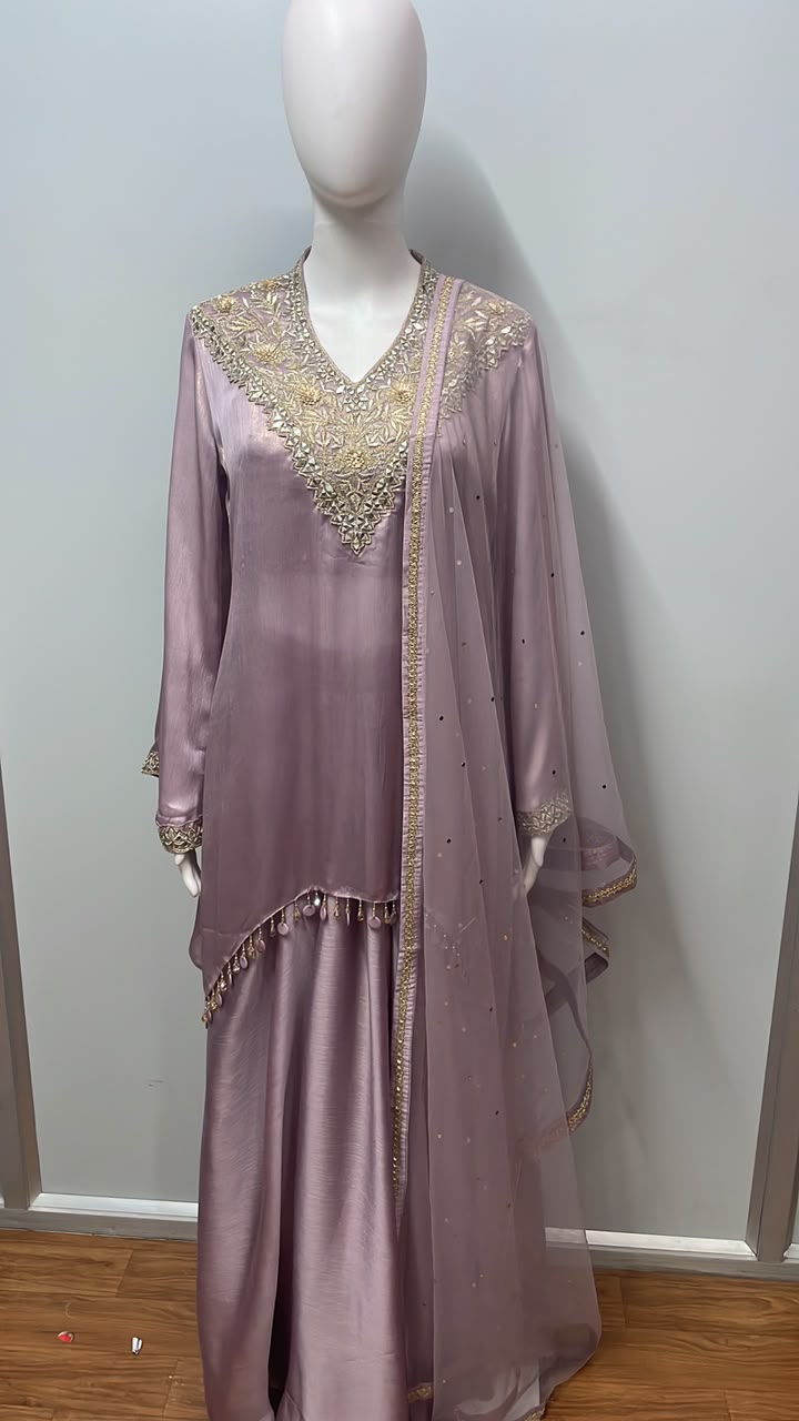 Smoky Lilac Gold Embroidered Palazzo Ensemble