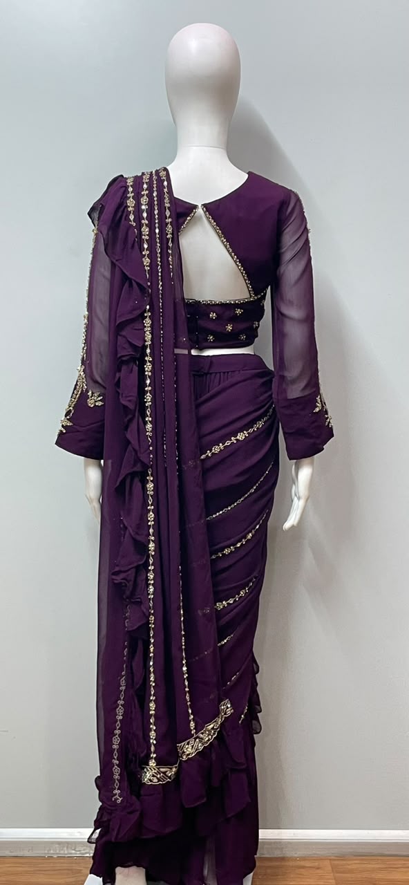 Wine and gold ruffle saree set from a third angle