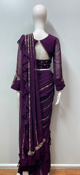 Wine and gold ruffle saree set from a third angle
