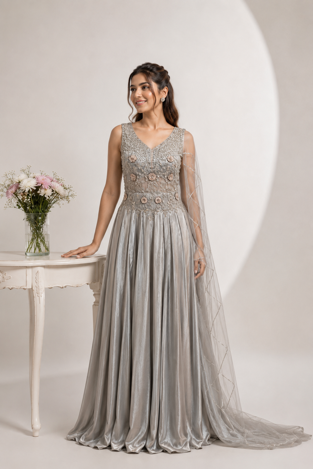 Silver Floral Embroidered Cape Evening Gown