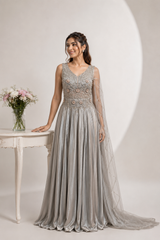 Silver Floral Embroidered Cape Evening Gown