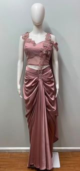 Dusty Rose Floral Draped Saree Set
