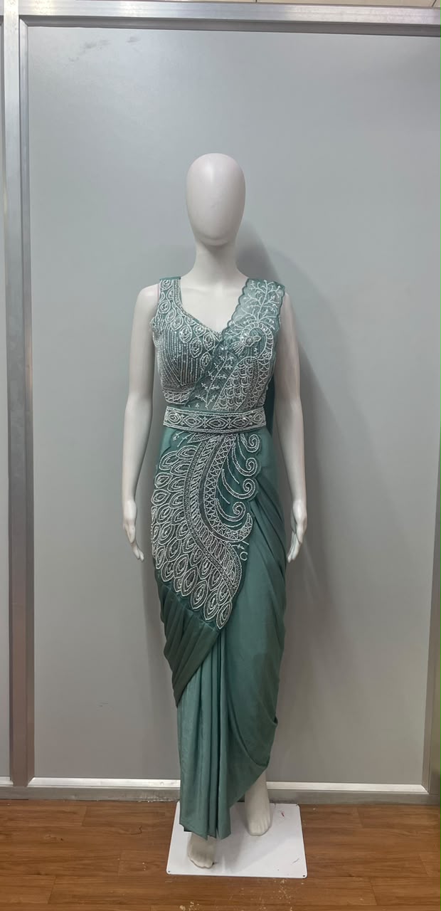 Sage Silver Peacock Embroidered Draped Saree Set