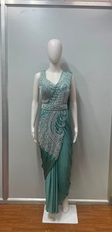 Sage Silver Peacock Embroidered Draped Saree Set