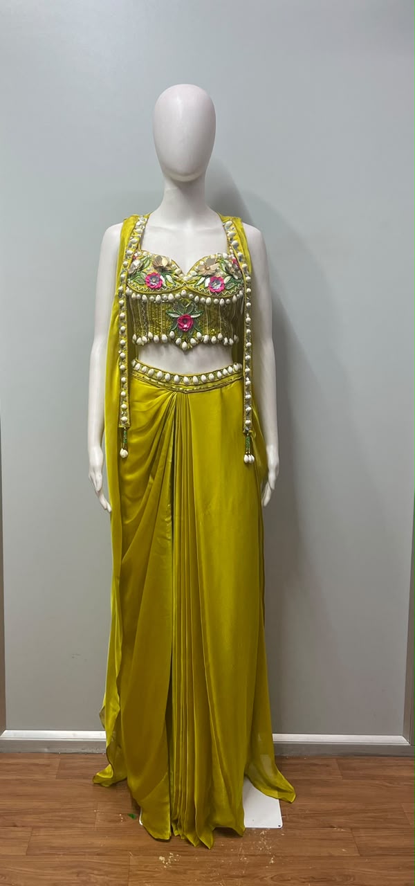 Citrine Pearl Floral Pre-Draped Saree Set - alternate view