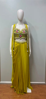 Citrine Pearl Floral Pre-Draped Saree Set - alternate view