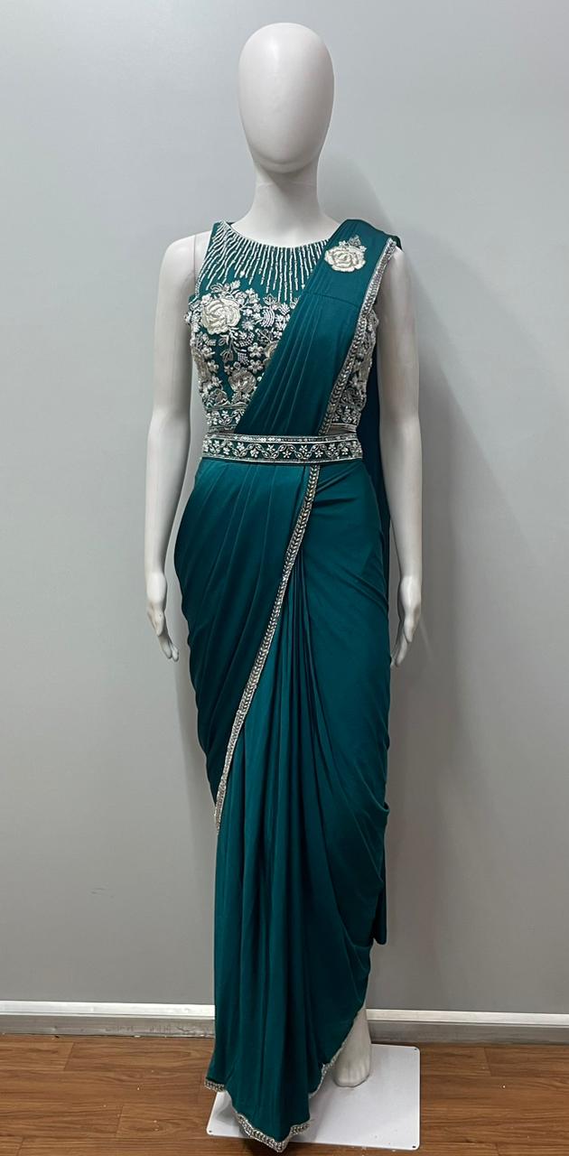 Teal Pearl Draped Saree Set