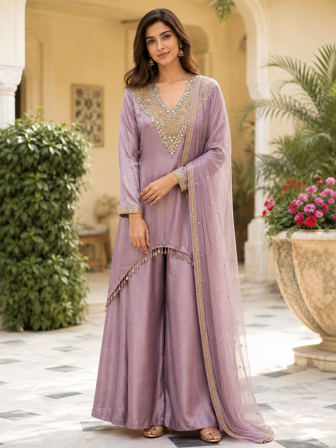 Smoky Lilac Gold Embroidered Palazzo Ensemble