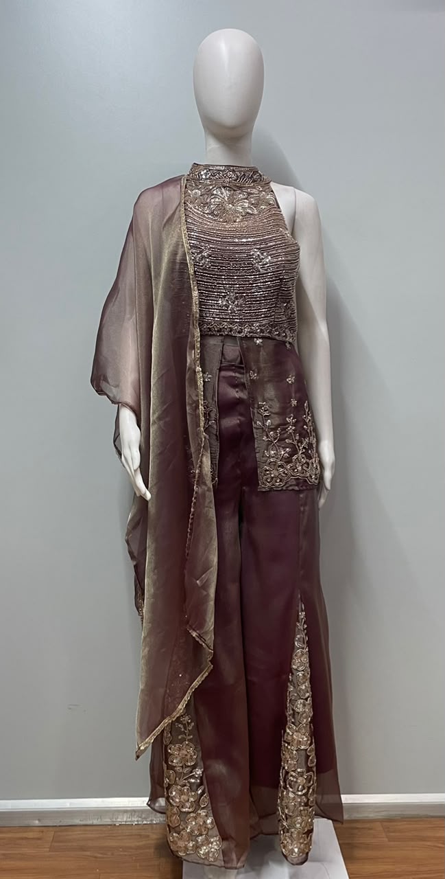 Smoky Mauve Gold Embroidered Palazzo Drape Set