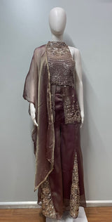Smoky Mauve Gold Embroidered Palazzo Drape Set