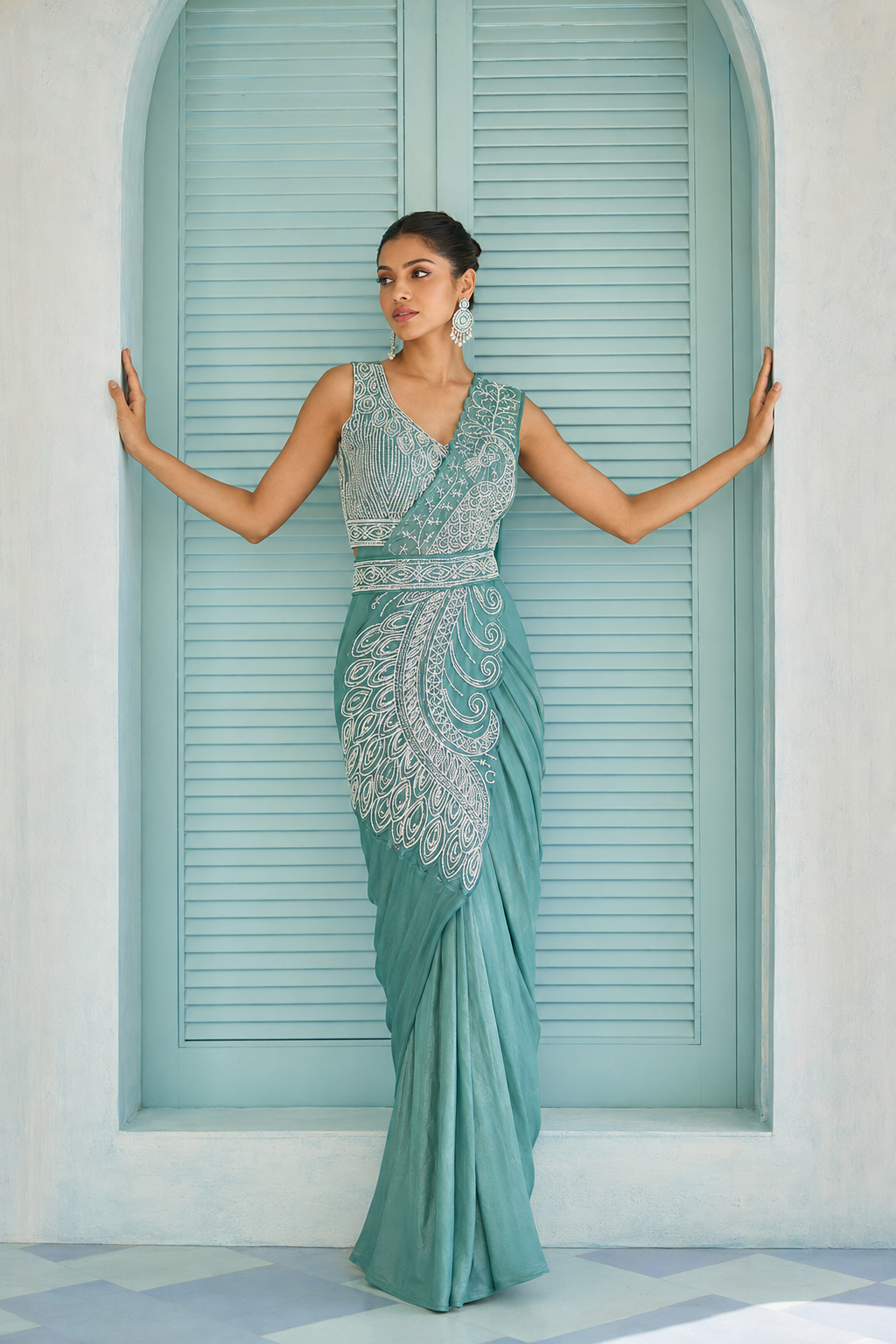 Sage Silver Peacock Embroidered Draped Saree Set