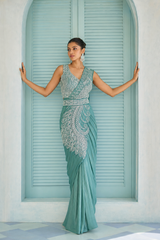Sage Silver Peacock Embroidered Draped Saree Set