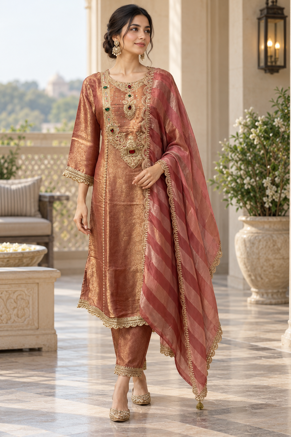 Rose Bronze Jewel Kurta Trouser Set