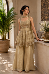 Champagne Gold Floral Embroidered Peplum Palazzo Ensemble