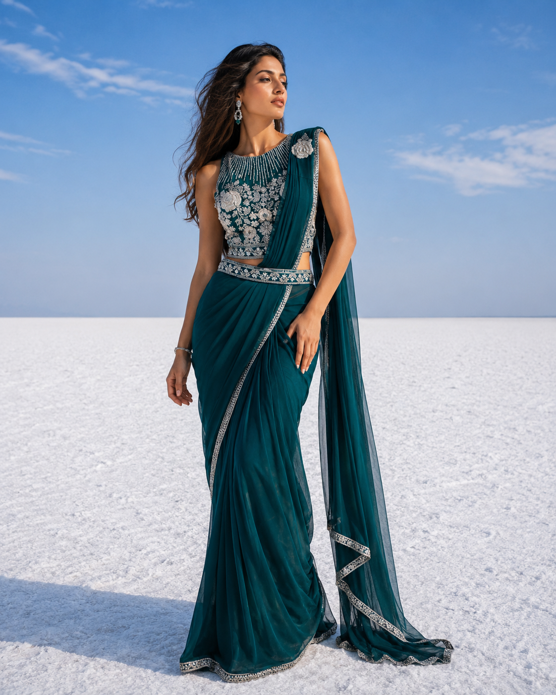 Teal Pearl Draped Saree Set