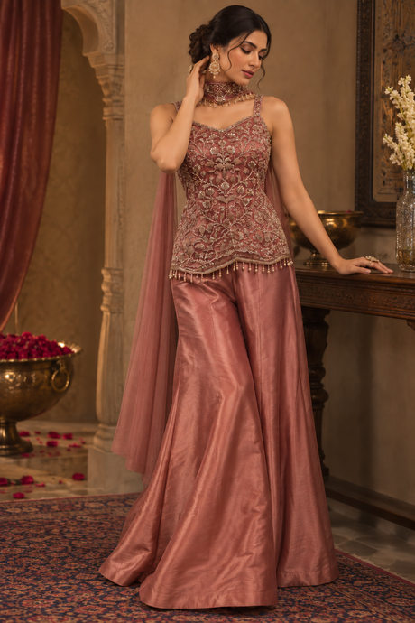 Copper rose palazzo set with an antique gold floral structured top and a sheer drape