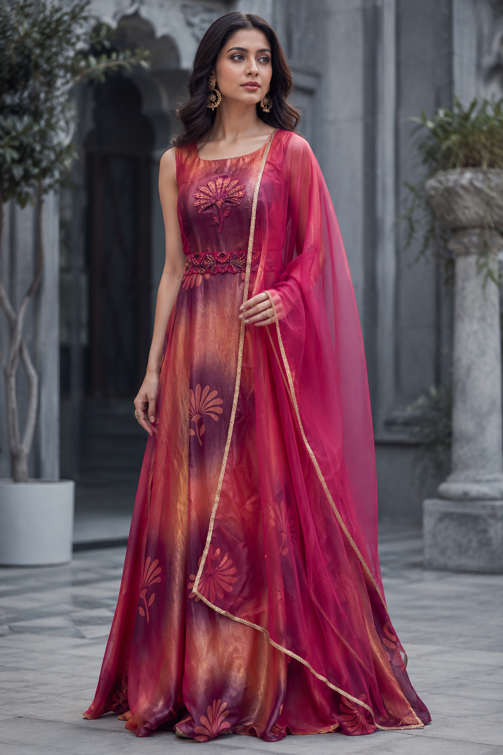 Fuchsia Gold Floral Anarkali Dupatta Set