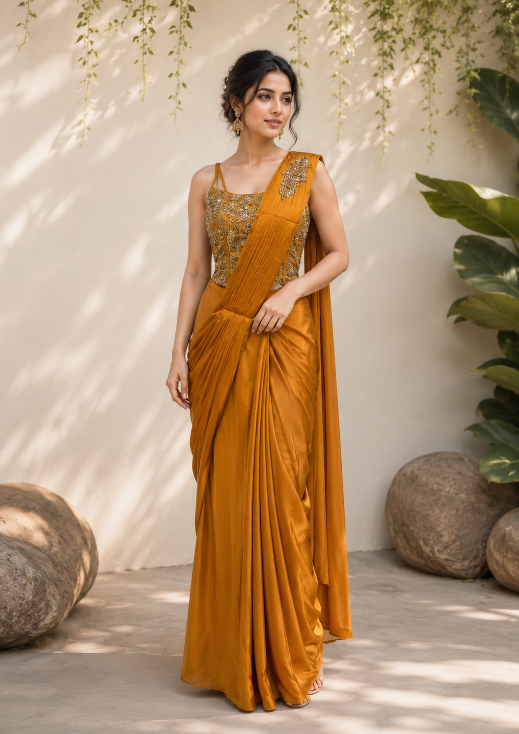 Mustard Gold Draped Saree Set