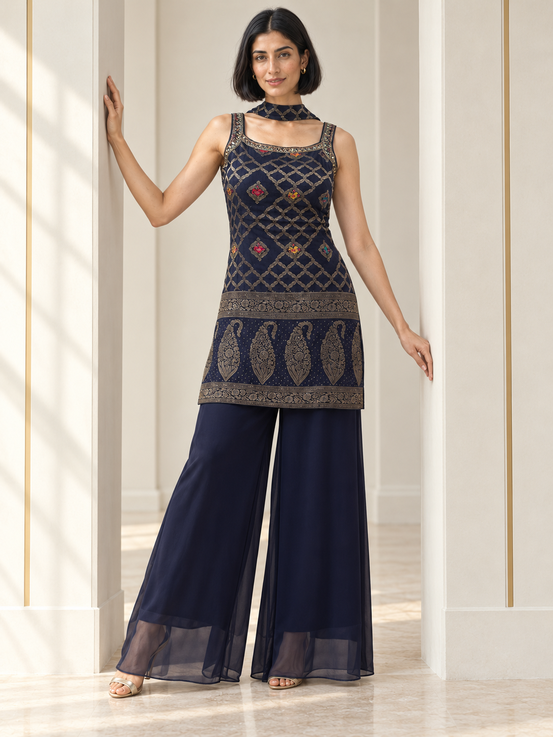 Midnight navy palazzo set with antique gold lattice embroidery