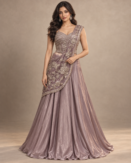 Smoky lilac lehenga set with a silver floral blouse, front view
