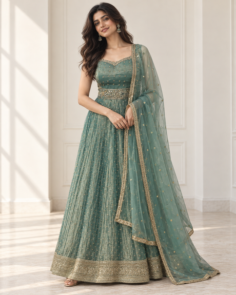 Seafoam green anarkali set with antique gold floral work and sheer dupatta