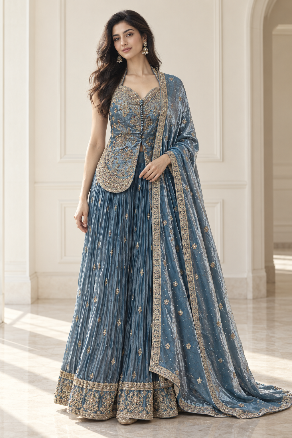 Steel Blue Antique Gold Floral Palazzo Set