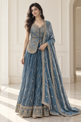Steel Blue Antique Gold Floral Palazzo Set