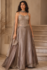 Metallic Taupe Crystal Corset Lehenga Ensemble