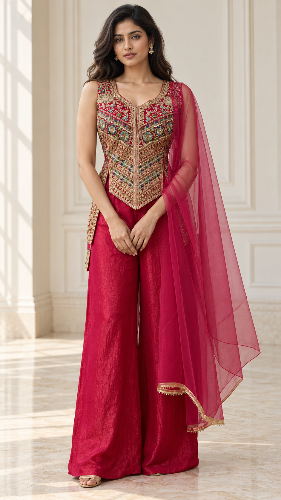 Fuchsia Pink Multicolor Jewel Longline Palazzo Set