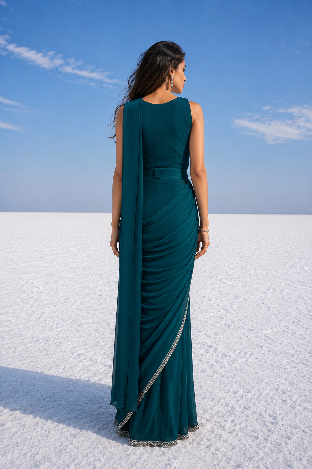 Teal Pearl Draped Saree Set