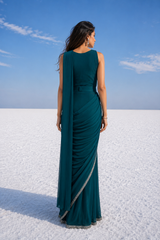 Teal Pearl Draped Saree Set
