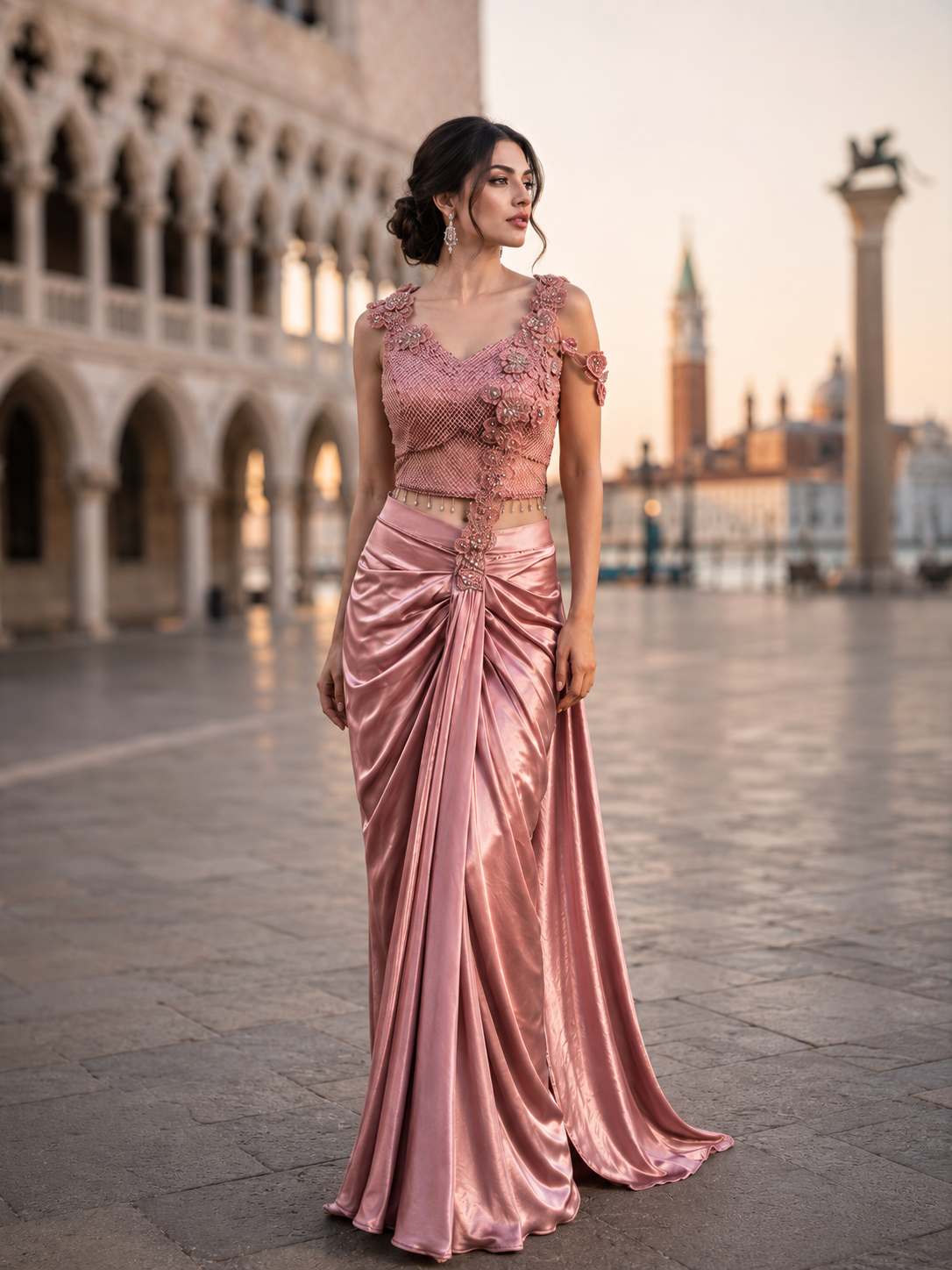Dusty Rose Floral Draped Saree Set