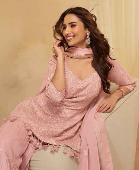 Rose Blush Embroidered Kurta with Tiered Sharara Set